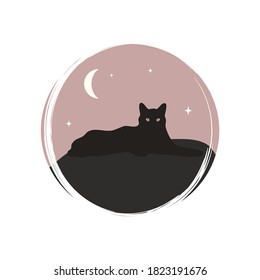 Cute esoteric magic halloween black cat icon vector, illustration on circle with brush texture, for social media story and instagram highlights