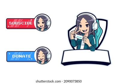 Cute Esport Gamer Girl Logo With Subscribe And Donate Button Overlay For Streaming