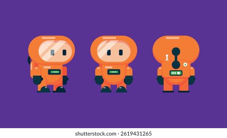 Cute Esports Mascot Character in Orange Hazmat Suit Front, Side, and Back Views. This cartoon-style figure is perfect for use as an esports team mascot and a gaming avatar. Vector Illustration