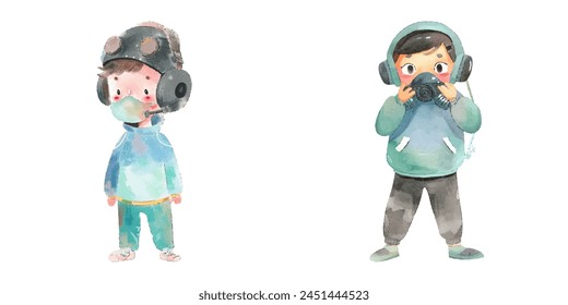 cute esports mascot wearing gas mask watercolor vector illustration 