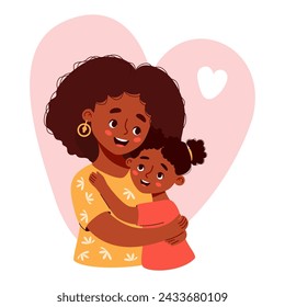 Linda madre negra étnica tiernamente abraza a su hija. Ilustración vectorial plana estilo de dibujos animados. Personaje femenino feliz.