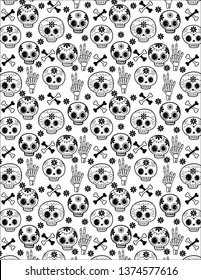 Cute Ethnic Day of the Dead Skull Repeat in Black and White.  Cinco de Mayo - Vector Repeat.