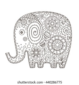 Rute ethnische Elefanten. Vektor handgezeichnet Elefant mit doodle Blumenschmuck. Sommerdesign für Kinder. Einzeln. Farbseite für das Farbbuch. Tiersilhouette mit Blumen, Pflanzen und Punkten.