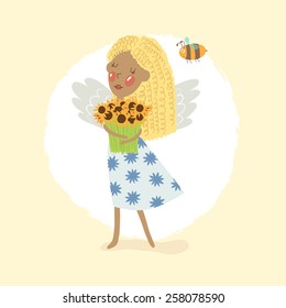 Cute ethnic girl with blonde hair in a summer dress holding a bouquet of sunflowers. Vector illustration.