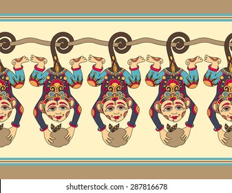 cute ethnic hang monkey seamless ribbon pattern  with a tropical fruit in hands, vector illustration