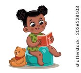 Cute ethnic little girl potty training and reading a book. Vector illustration.
