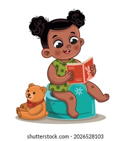 Cute Ethnic Little Girl Potty Training And Reading A Book. Vector Illustration.
