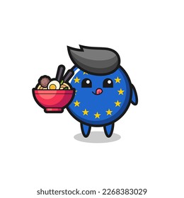 cute europe flag badge character eating noodles , cute style design for t shirt, sticker, logo element