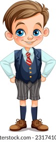 Cute European boy in student outfit cartoon character illustration