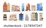 Cute European buildings set. Cozy urban house exteriors of old city in Scandinavia, Holland, Europe, Morocco. Architecture of different countries. Flat vector illustration isolated on white background