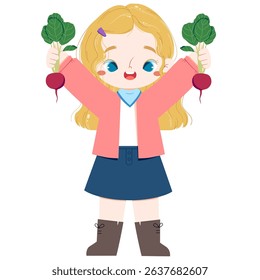 Cute european girl with blue eyes hold red radish in both hands in farmland in harvest moon