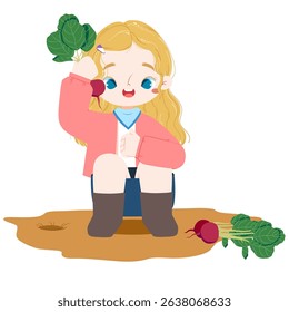 Cute european girl with blue eyes is harvesting red radish in farmland in a summer