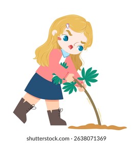 Cute european girl with blue eyes is pulling up cassava in farmland in harvestmoon