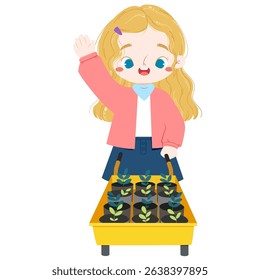 Cute european girl with blue eyes is pushing garden cart with seedling inside in a summer