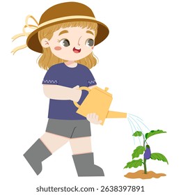 Cute european girl with grey eyes watering eggplant in farmingland at summer time