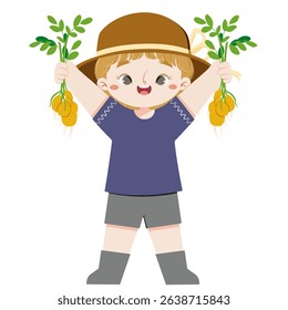 Cute european girl with grey eyes hold potato in both hands in farmland in harvest moon