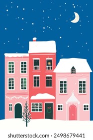 Cute european houses, Christmas eve scene, winter snowy night illustration.