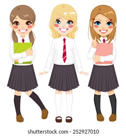 Cute European school girls friends happy together in school uniform