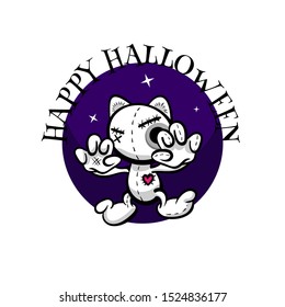 Cute evil angry cat halloween woodoo toy. Cute sewn voodoo kitty. Comic book sketch vector. Stitched thread funny puppet cat zombie monster.