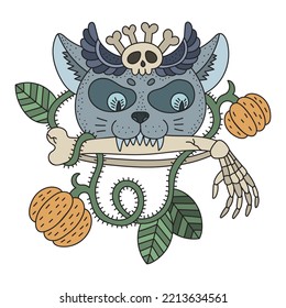 Cute evil cat with skeleton arm. Decorated with orange pumpkins. Cartoon halloween art. Vector illustration