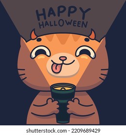 Cute evil cat smiling and shining a flashlight to its face