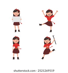 Cute evil girl mascot character icon symbol hand drawn style. collection of isolated cartoon illustrations