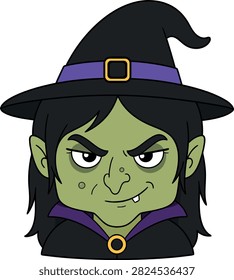 Cute evil witch face with a black pointed hat, green skin, and a mischievous smile.