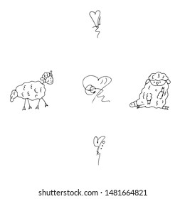 Cute ewes. Vector illustration. Hearts outline.