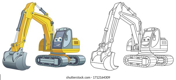 Cute excavator. Coloring page and colorful clipart character. Cartoon design for t shirt print, icon, logo, label, patch or sticker. Vector illustration.