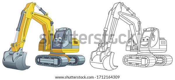Cute Excavator Coloring Page Colorful Clipart Stock Vector Royalty Free 1712164309