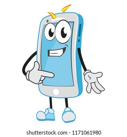 Cute exceptional funny smartphone character pointing indicating presenting benefits success growth products services business