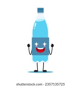 Una botella de agua muy emocionada. Divertido emoticono de dibujos animados de agua mineral electrificante en estilo plano. ilustración del vector de botella de agua