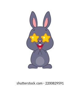 Cute excited bunny. Flat cartoon illustration of a funny little black rabbit with star shaped eyes isolated on a white background. Vector 10 EPS.