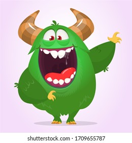 Cute excited cartoon green monster waving. Vector Halloween illustration