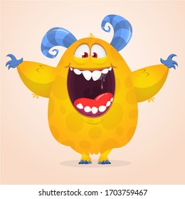 Cute excited cartoon yellow monster waving. Vector Halloween illustration