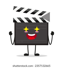 Carácter de tablero de cierre con sonido muy emocionado. Divertido emoticono de dibujos animados electrificantes de pizarra en estilo plano. ilustración vectorial de placa de cierre
