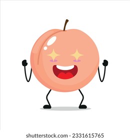 Cute excited peach character. Funny electrifying peach cartoon emoticon in flat style. Fruit emoji vector illustration