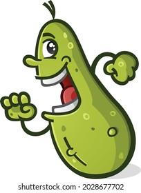 A cute excited pickle cartoon character on a brisk jog with a big smile
