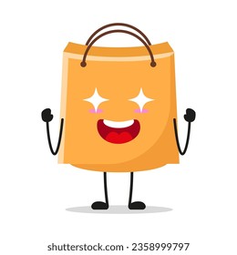 Cute excited shopping bag character. Funny electrifying paper bag cartoon emoticon in flat style. bag emoji vector illustration