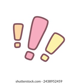 Cute exclamation mark icon. Hand drawn illustration of an orange, pink and yellow exclamation marks isolated on a white background. Kawaii sticker. Vector 10 EPS.