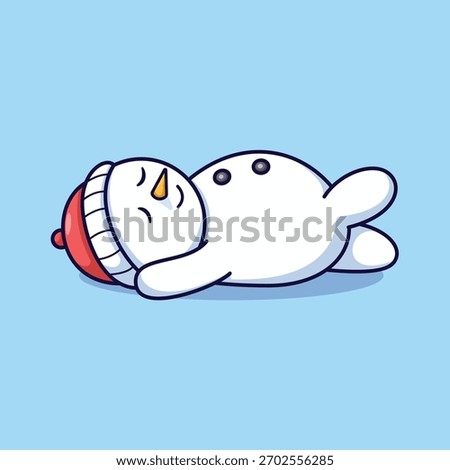 Cute Exhausted Cartoon Snowman Vector Illustration Lying on Its Side, Feeling Sleepy or Taking a Nap. Winter Holiday Break, Rest, and Post-Celebration Tiredness Concept.