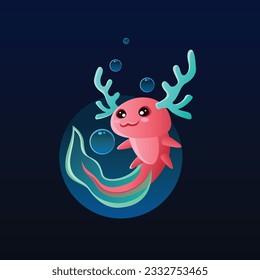 cute exolotl baby vector illustration, playfull, deer antlers, bubbles