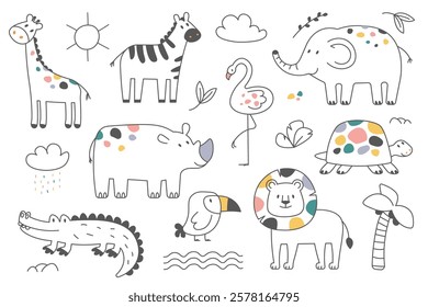 Cute exotic african animals characters outline handdrawn doodle childish design safari wildlife set. Giraffe, rhino, turtle, flamingo and toucan bird, elephant, zebra, lion natural vector illustration