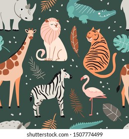 Cute exotic animals dark seamless pattern. Funny crocodile, zebra, giraffe, lion, tiger, flamingo, hippopotamus. Hand drawn cartoon characters and plants. Tropical texture for kids. Wildlife vector