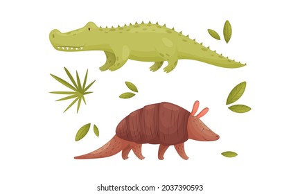 Cute exotic animals set. Crocodile and armadillo cartoon vector illustration