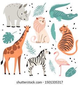 Cute exotic animals set. Funny crocodile, zebra, giraffe, lion, tiger, flamingo, hippopotamus. Hand drawn cartoon characters. Flat style tropical collection. Nature, wildlife vector isolated on white.