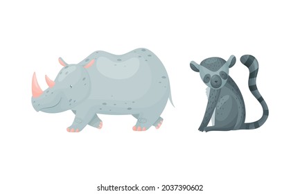 Cute exotic animals set. Lemur loris and rhinoceros cartoon vector illustration