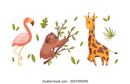 Cute exotic animals set. Pink flamingo, sloth and giraffe cartoon vector illustration