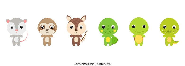 Cute exotic baby animals in cartoon style. Collection animals characters for kids cards, baby shower, birthday invitation, house interior. Bright colored childish vector illustration.