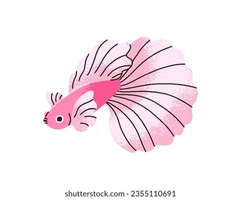 Cute exotic betta fish swimming. Tropical little small water animal with big tail, large flowing fins. Beautiful marine sea fauna. Flat graphic vector illustration isolated on white background